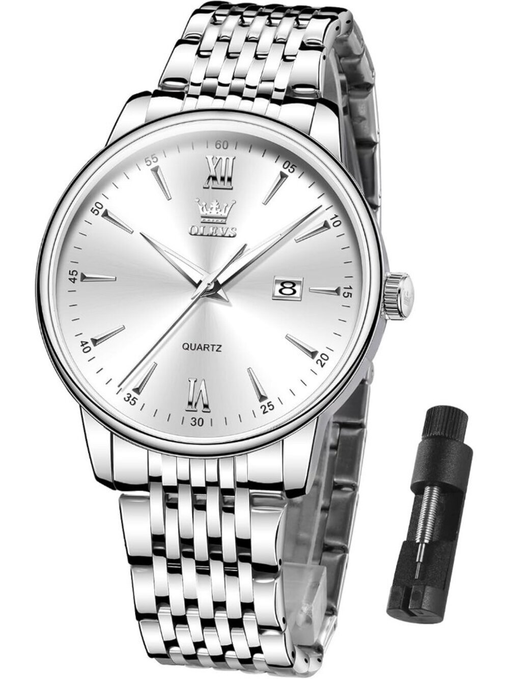 Men's Silver Big Dial Analog Quartz Stainless Steel Relojes Waterproof Watch